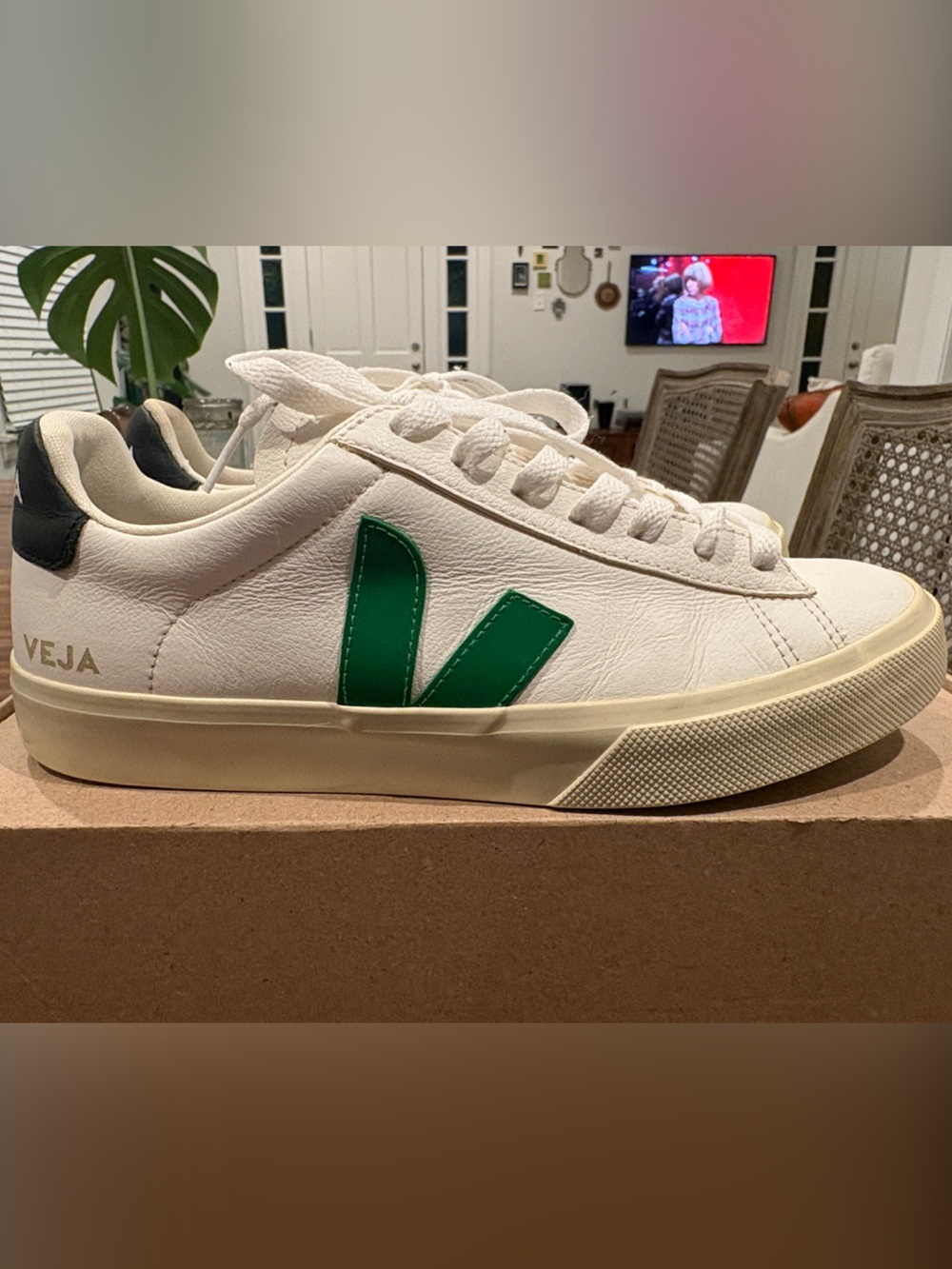 Veja White Leather Sneaker with Green V and Navy Heel Tab